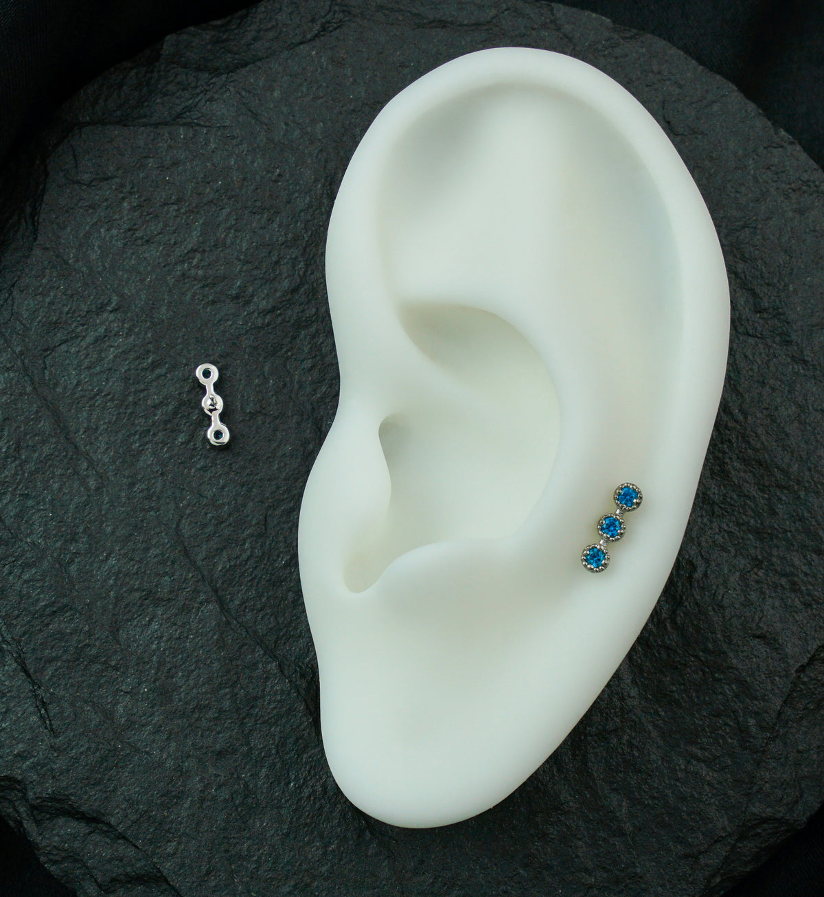 14kt White Gold Triple Stacked Beaded Blue Topaz CZ Threadless Top