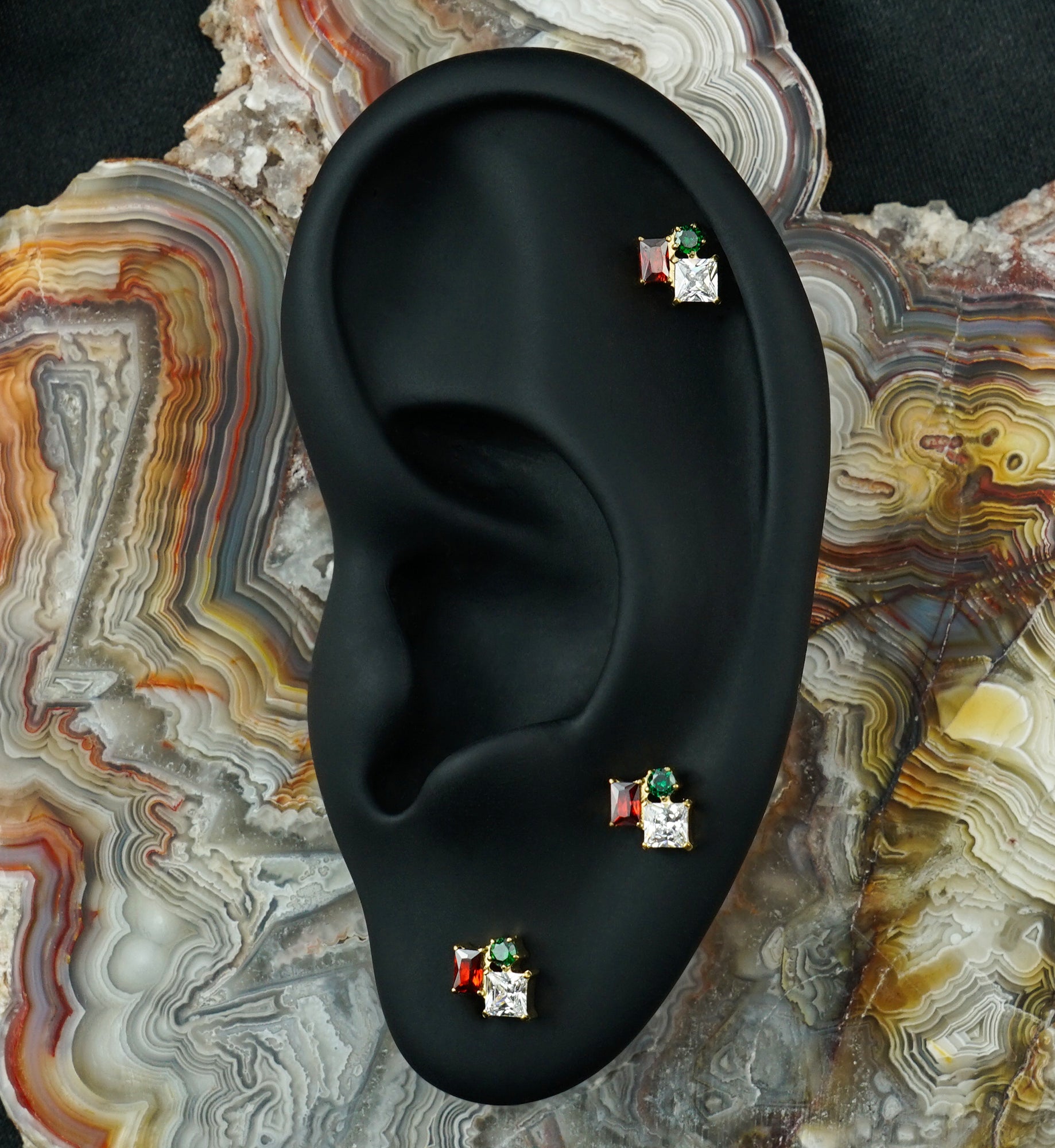 24kt Gold PVD Amalgam Garnet and Emerald CZ Titanium Threadless Top