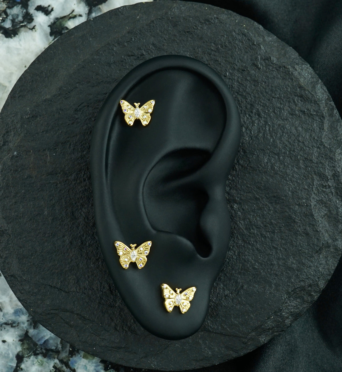 24kt Gold PVD Bold Butterfly Rainbow Aurora CZ Titanium Threadless Top