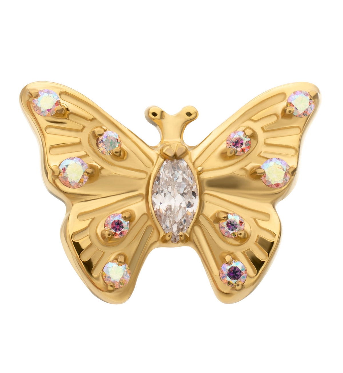 24kt Gold PVD Bold Butterfly Rainbow Aurora CZ Titanium Threadless Top by Urban Body Jewelry