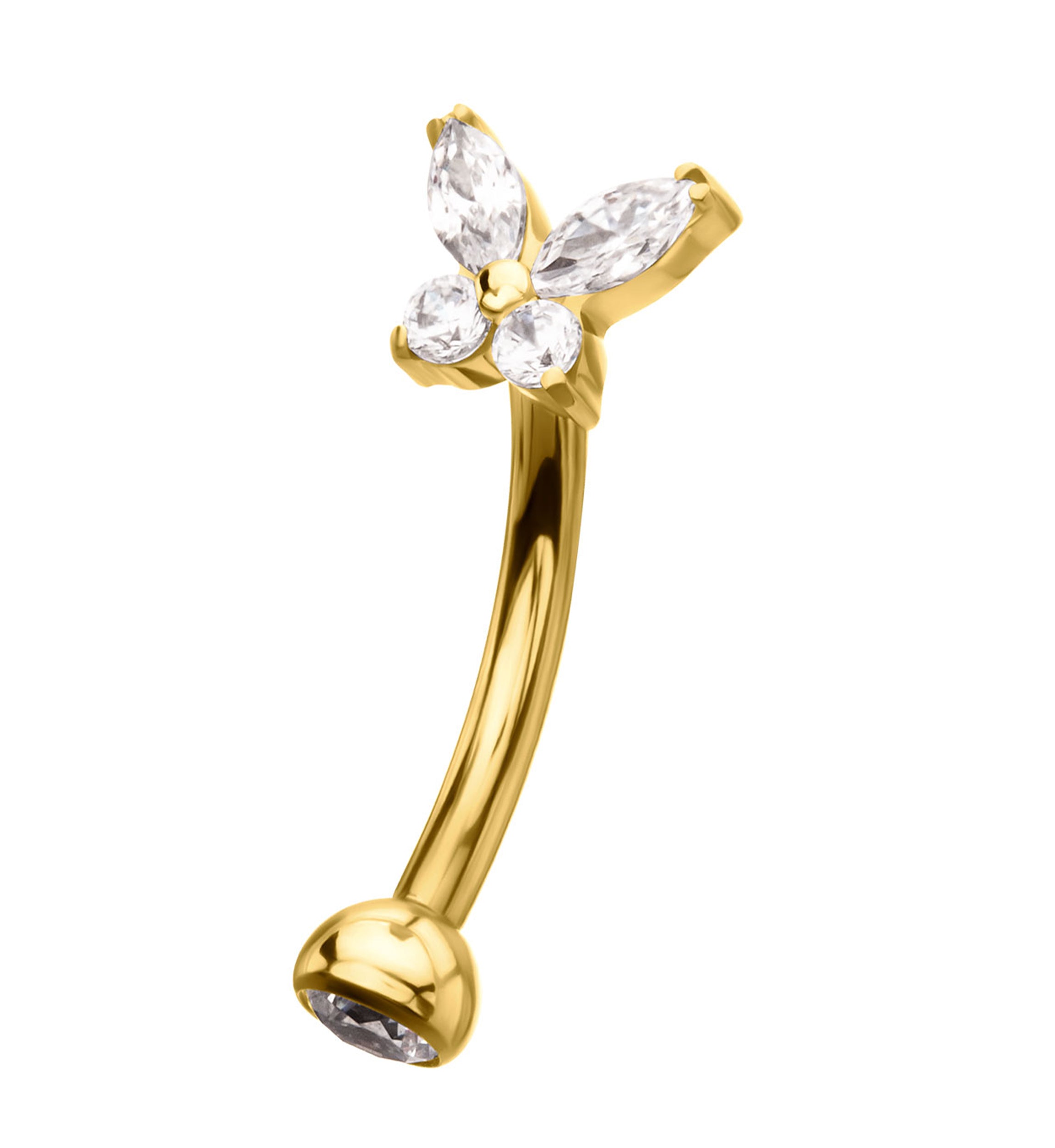 24kt Gold PVD Butterfly Clear CZ Titanium Internally Threaded Curved Barbell
