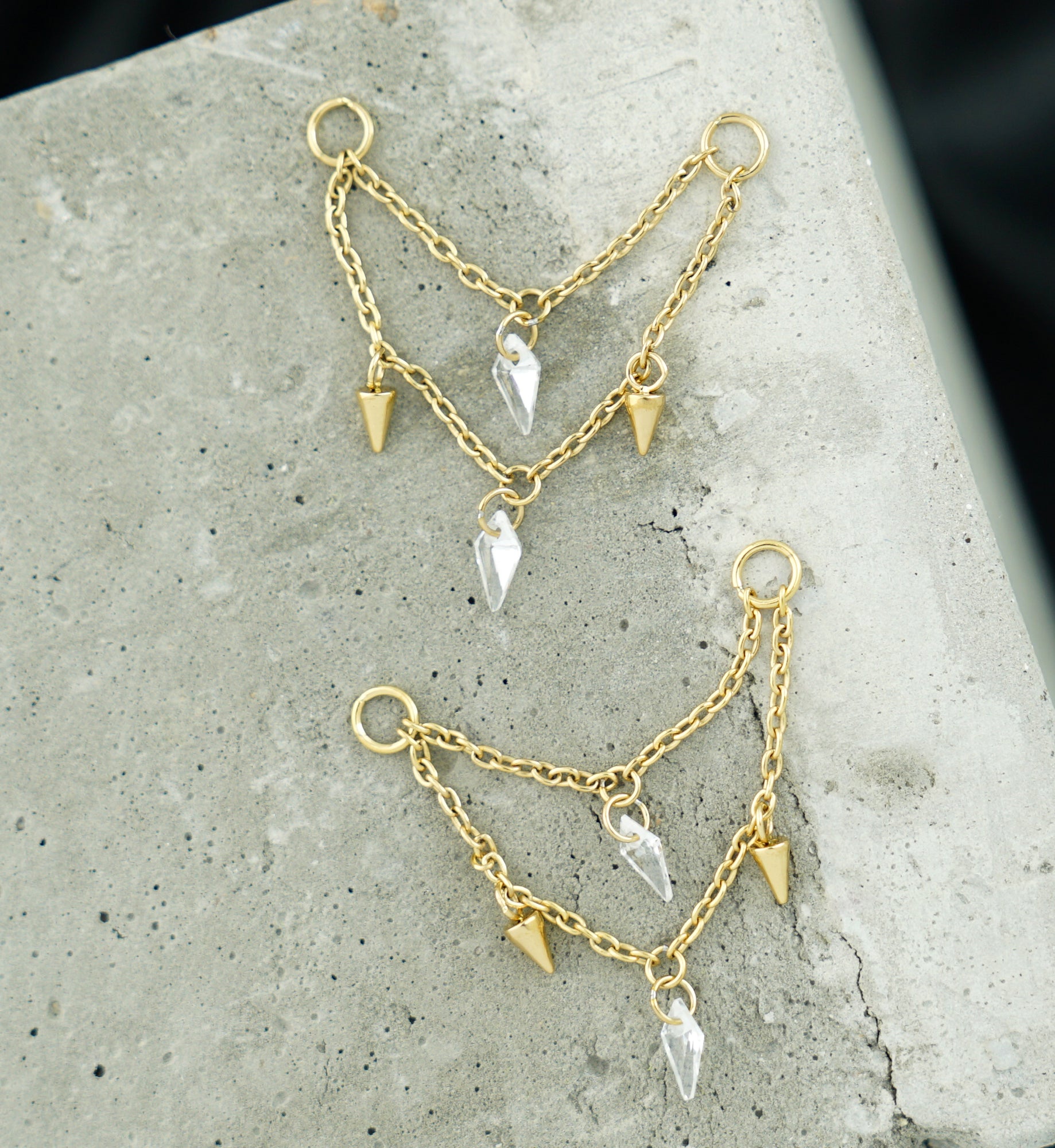 24kt Gold PVD Cone and Dart CZ Dangle Titanium Double Connecting Piercing Chain