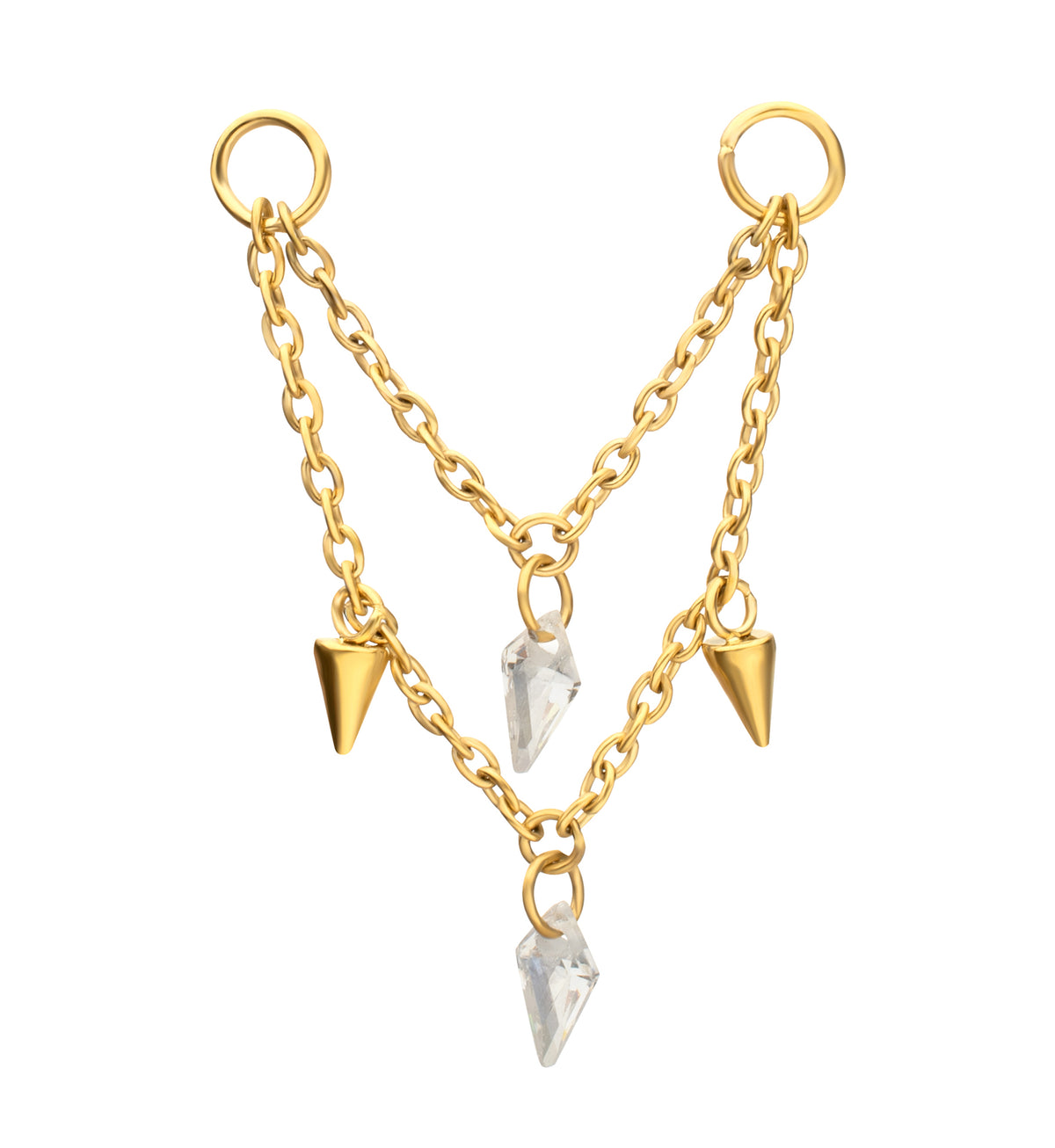 24kt Gold PVD Cone and Dart CZ Dangle Titanium Double Connecting Piercing Chain