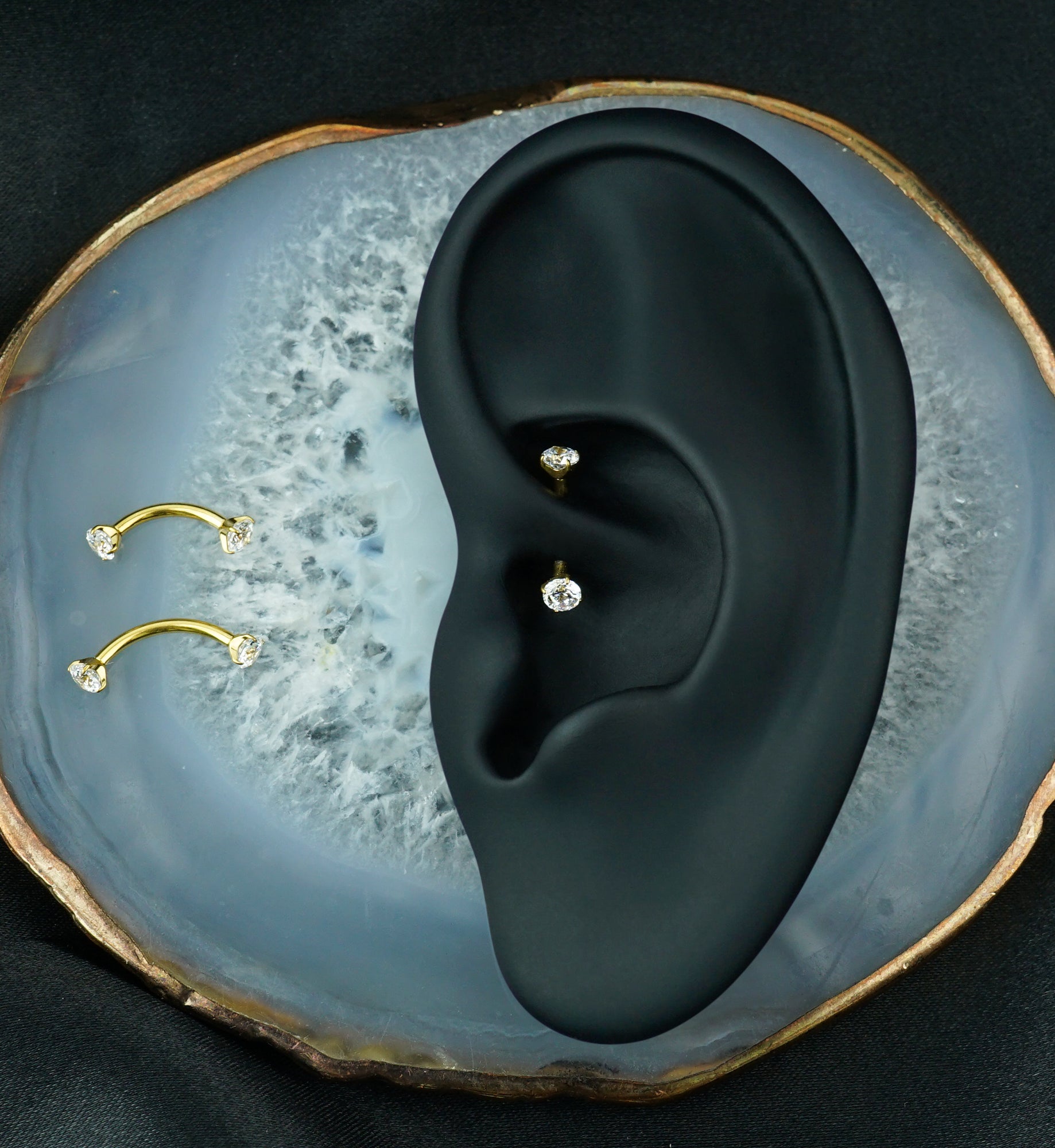 24kt Gold PVD CZ Internally Threaded Titanium Curved Barbell