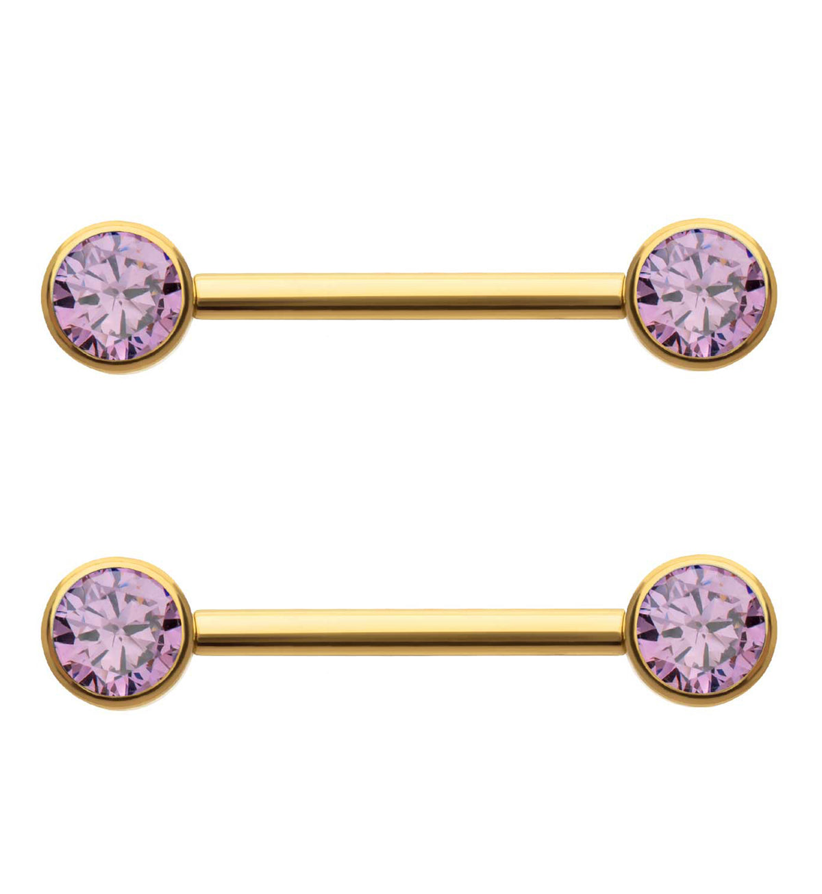 24kt Gold PVD Double Amethyst CZ Titanium Internally Threaded Nipple Ring Barbell