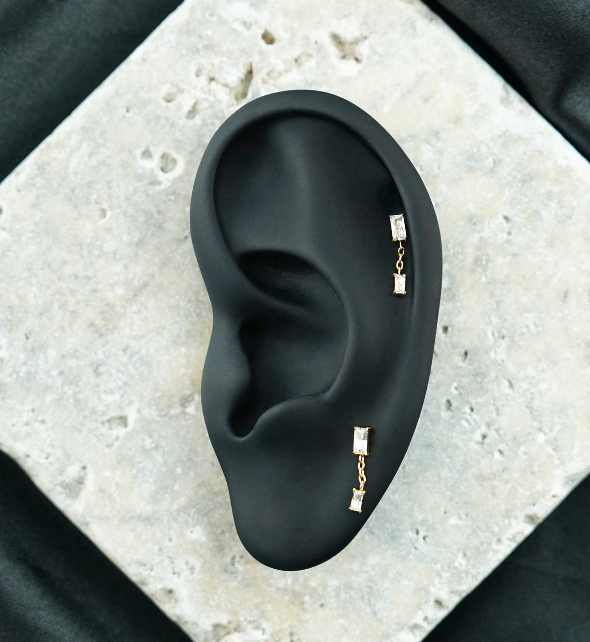 24kt Gold PVD Double Baguette CZ Dangle Titanium Threadless Top