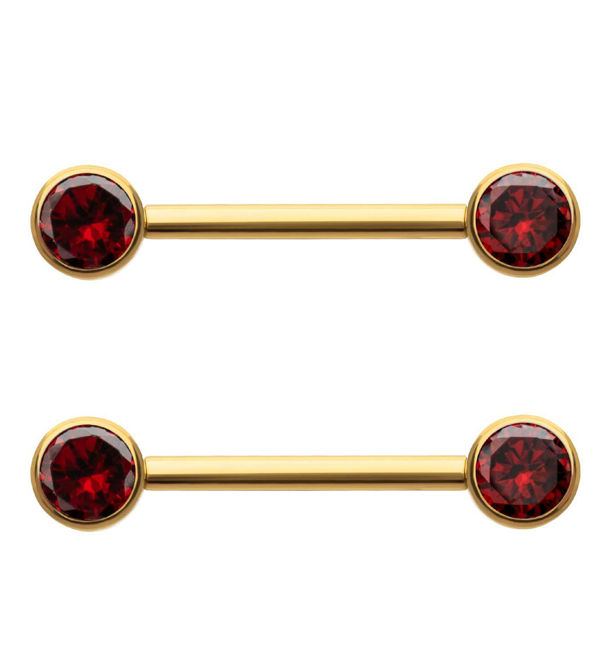 24kt Gold PVD Double Garnet CZ Titanium Internally Threaded Nipple Ring Barbell
