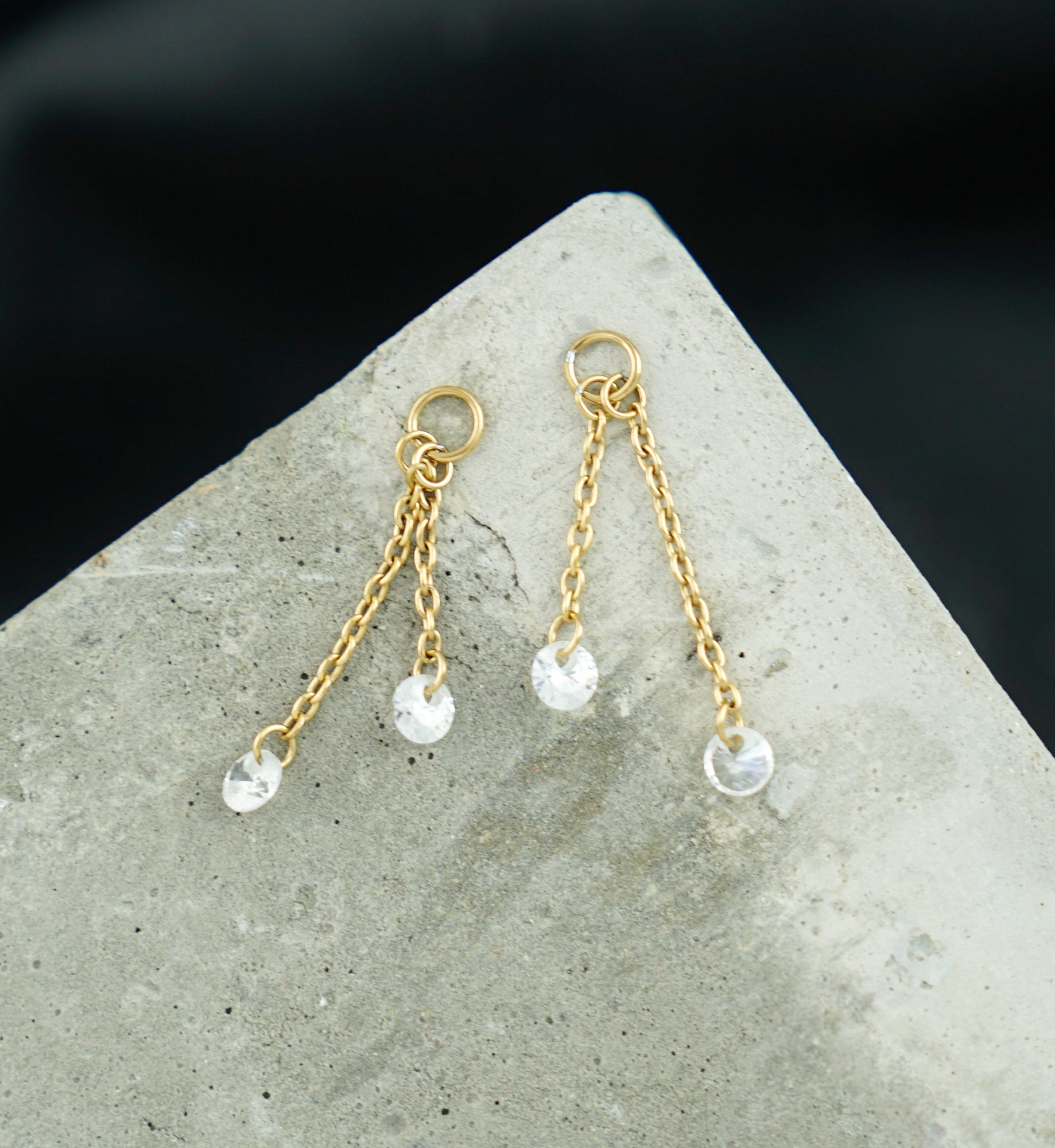 24kt Gold PVD Dual CZ Dangle Chain Titanium Charm