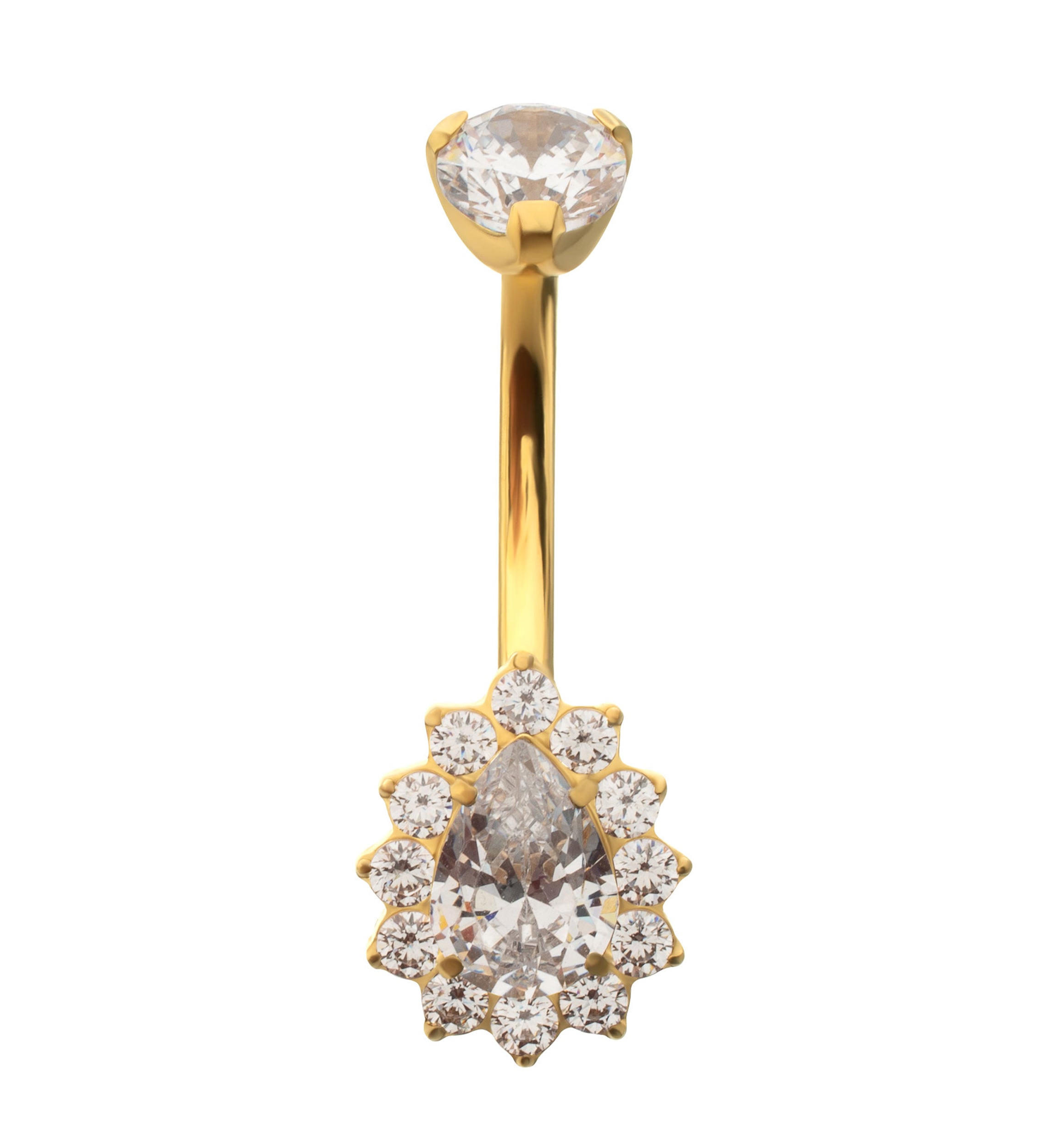 24kt Gold PVD Gild Teardrop Clear CZ Titanium Internally Threaded Belly Button Ring