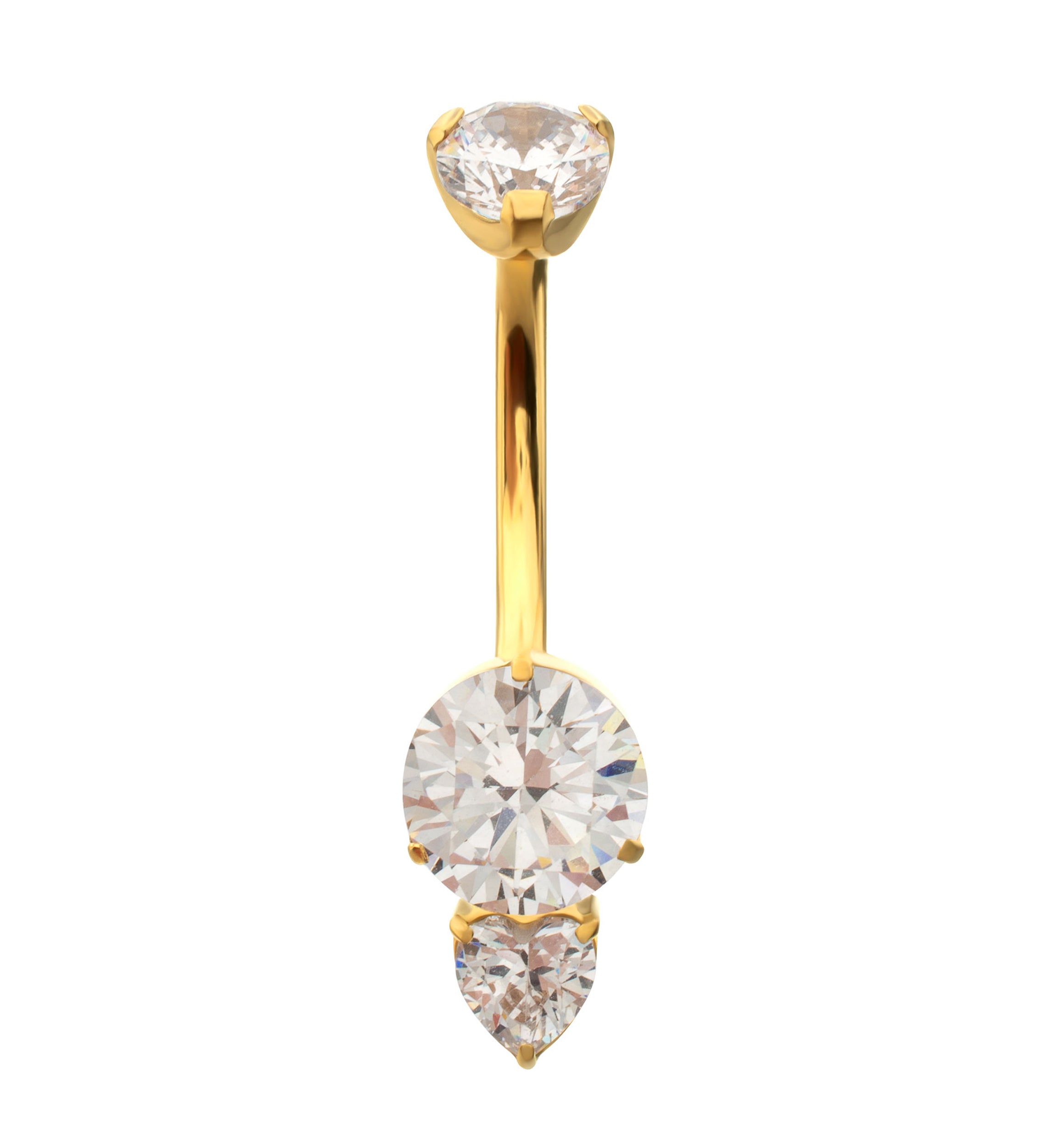 24kt Gold PVD Heart Drop Clear CZ Titanium Internally Threaded Belly Button Ring