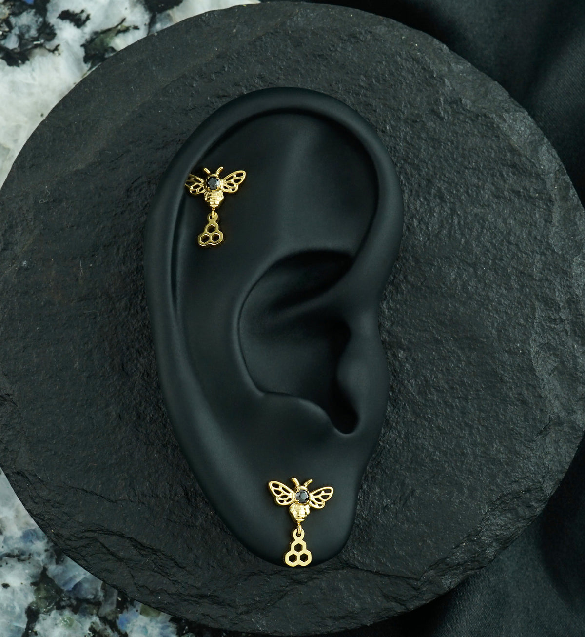 24kt Gold PVD Honeycomb Bee Black CZ Dangle Titanium Threadless Top