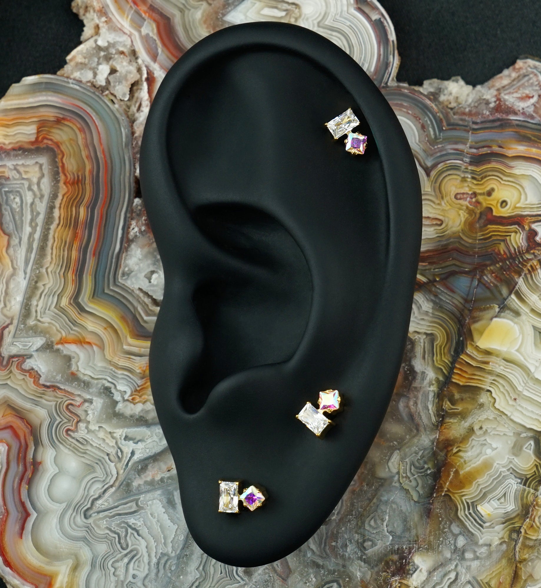 24kt Gold PVD Inverted Tilt Rainbow Aurora CZ Titanium Threadless Top