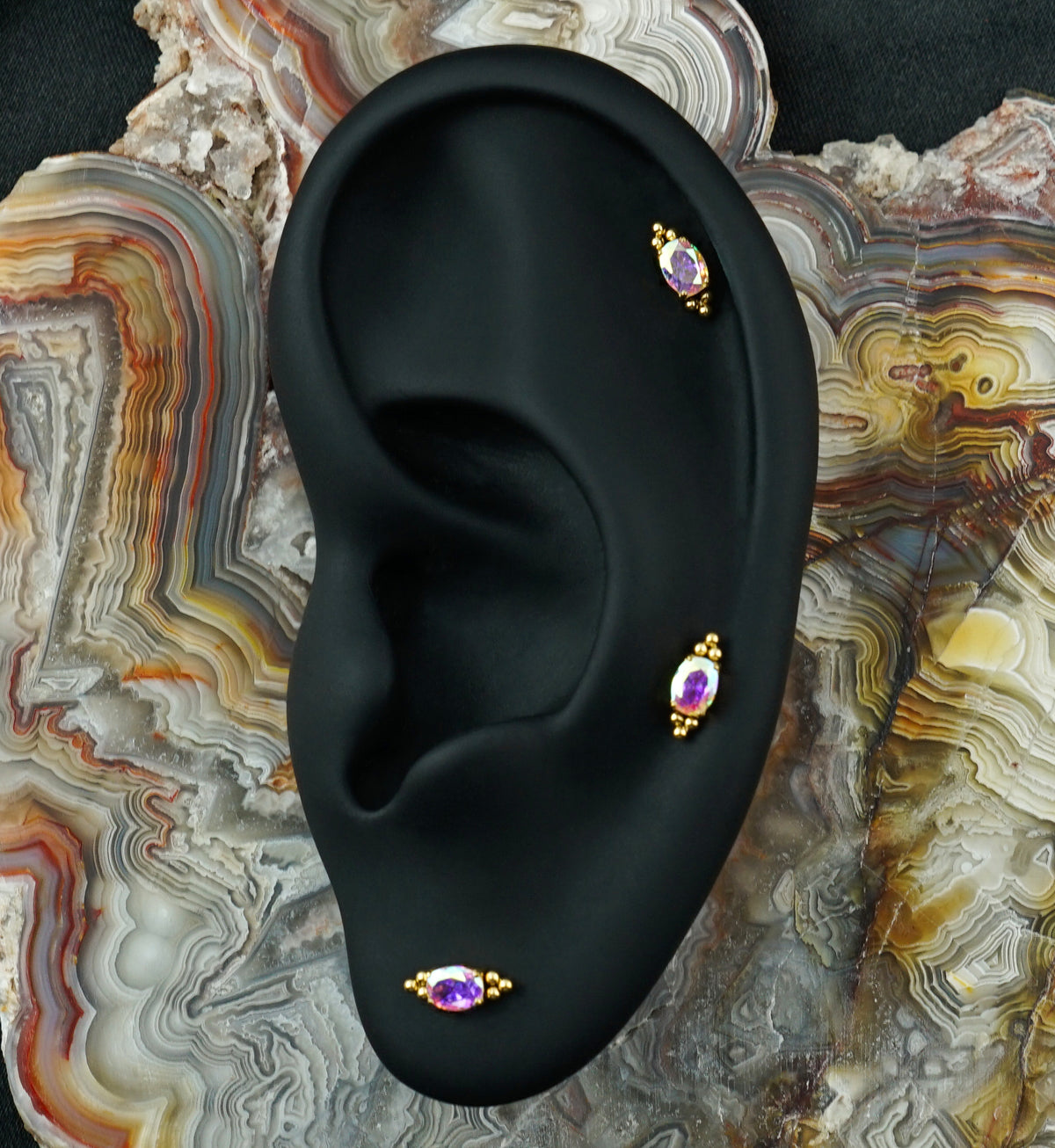 24kt Gold PVD Lamp Post Rainbow Aurora CZ Titanium Threadless Top