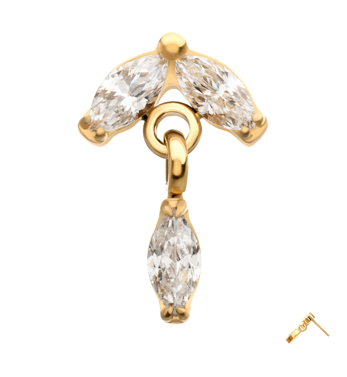 24kt Gold PVD Leafdrop Clear CZ Hanging Gem Titanium Threadless Top