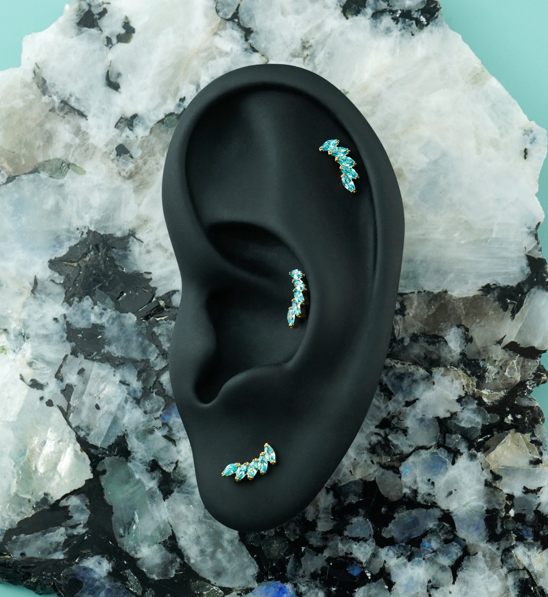 24kt Gold PVD Mini Cascade Aqua CZ Titanium Threadless Top