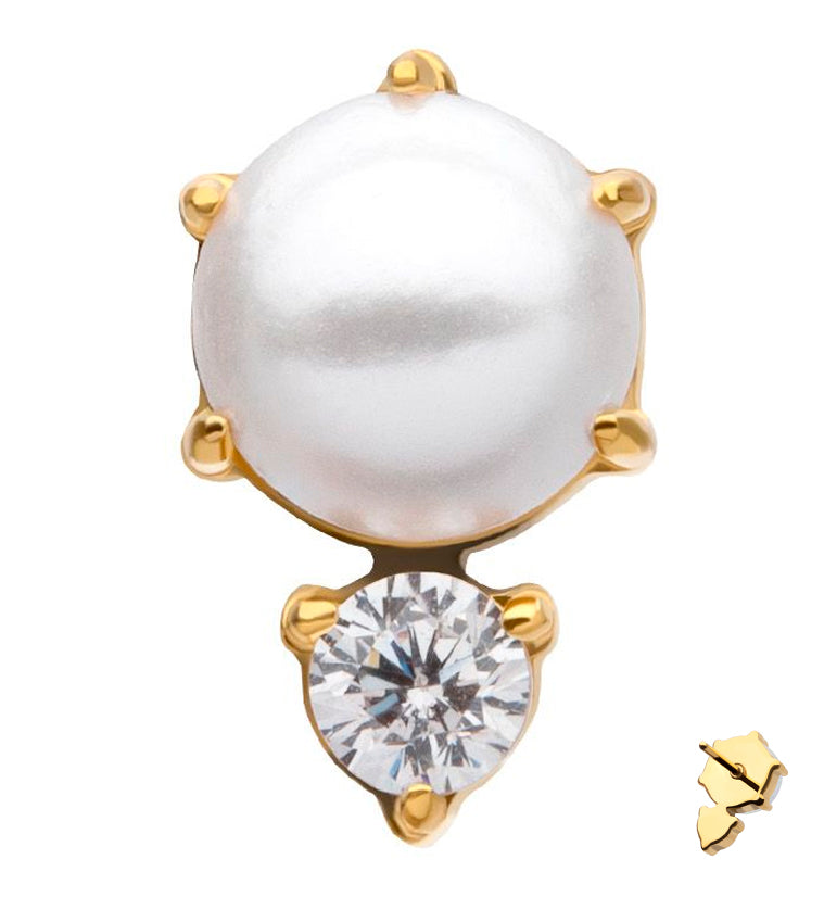 24kt Gold PVD Pearl Drop Clear CZ Titanium Threadless Top