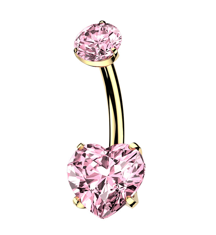 24kt Gold PVD Pink CZ Heart Titanium Internally Threaded Belly Button Ring