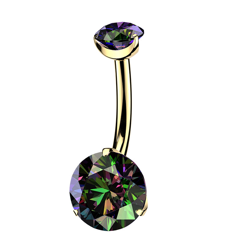24kt Gold PVD Prong Black Aurora CZ Titanium Internally Threaded Belly Button Ring