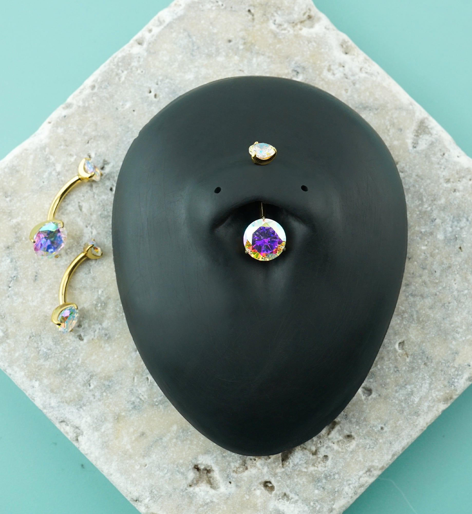 24kt Gold PVD Prong Rainbow Aurora CZ Titanium Internally Threaded Belly Button Ring