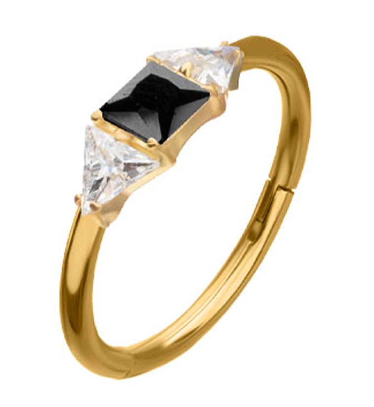 24kt Gold PVD Square Black CZ Titanium Hinged Segment Ring