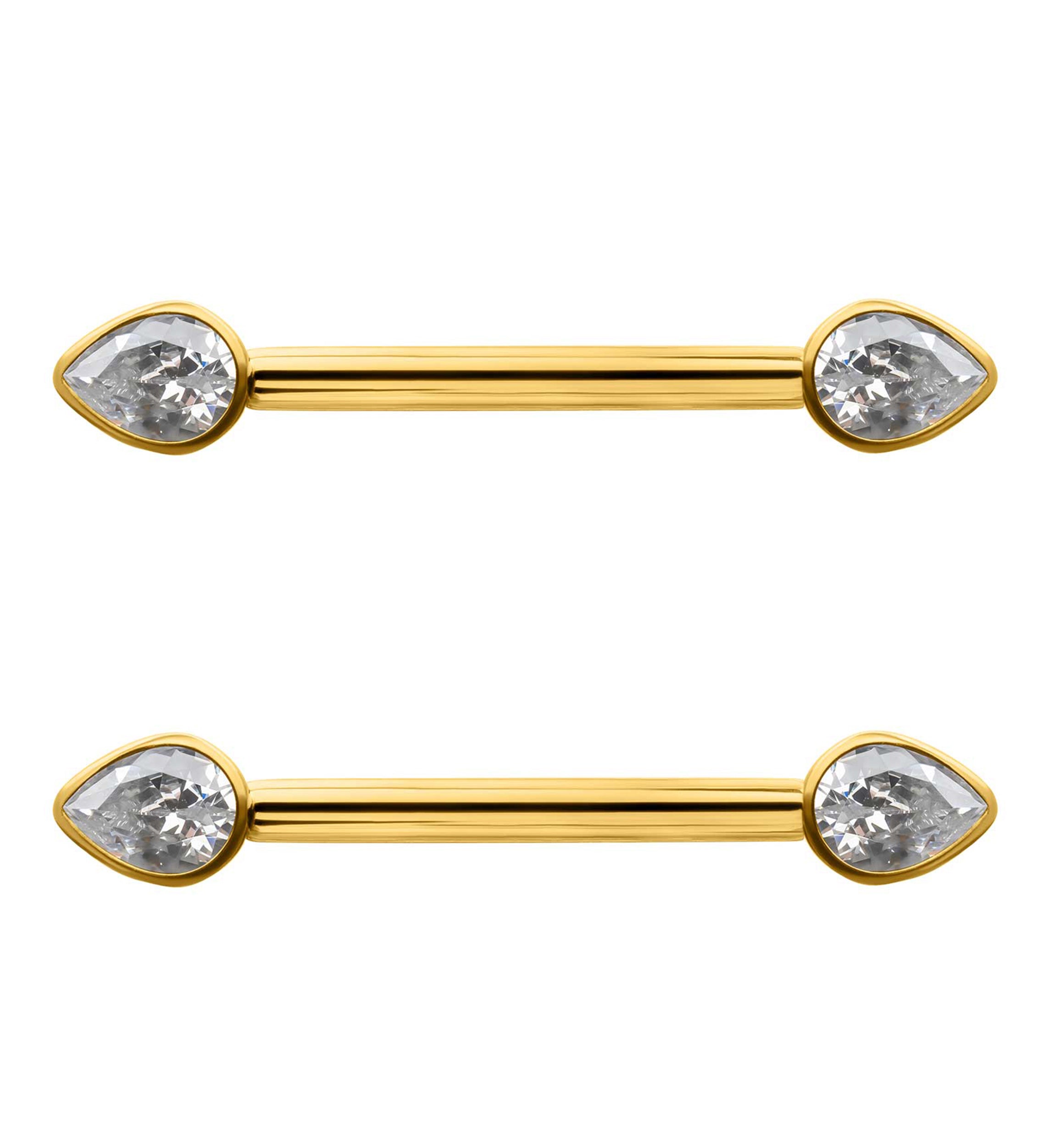 24kt Gold PVD Teardrop Clear CZ Titanium Internally Threaded Nipple Ring Barbell
