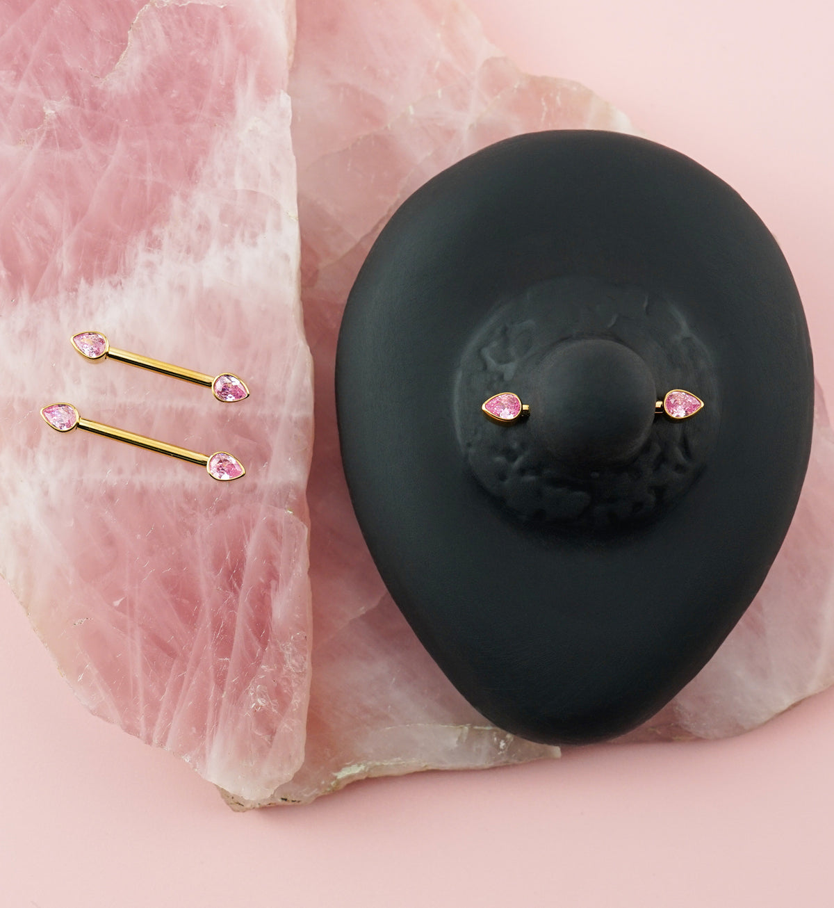 24kt Gold PVD Teardrop Pink CZ Titanium Internally Threaded Nipple Ring Barbell