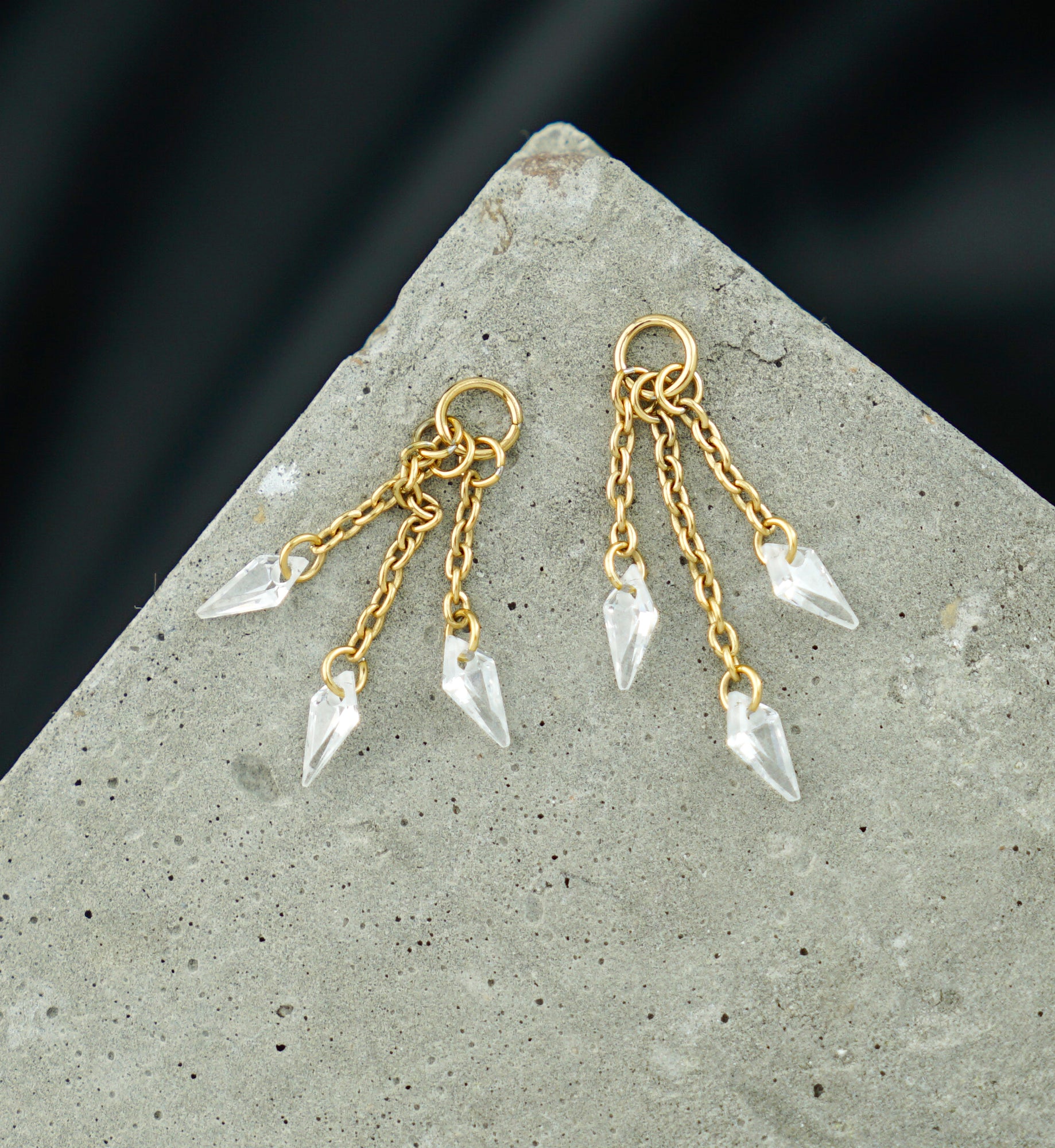 24kt Gold PVD Triple Dart CZ Dangle Chain Titanium Charm