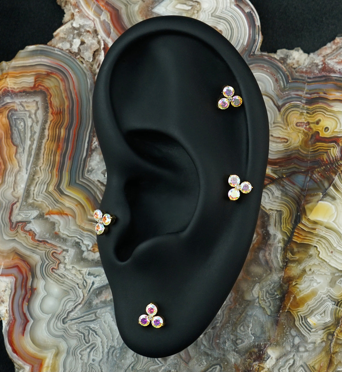24kt Gold PVD Triplet Rainbow Aurora CZ Titanium Threadless Top