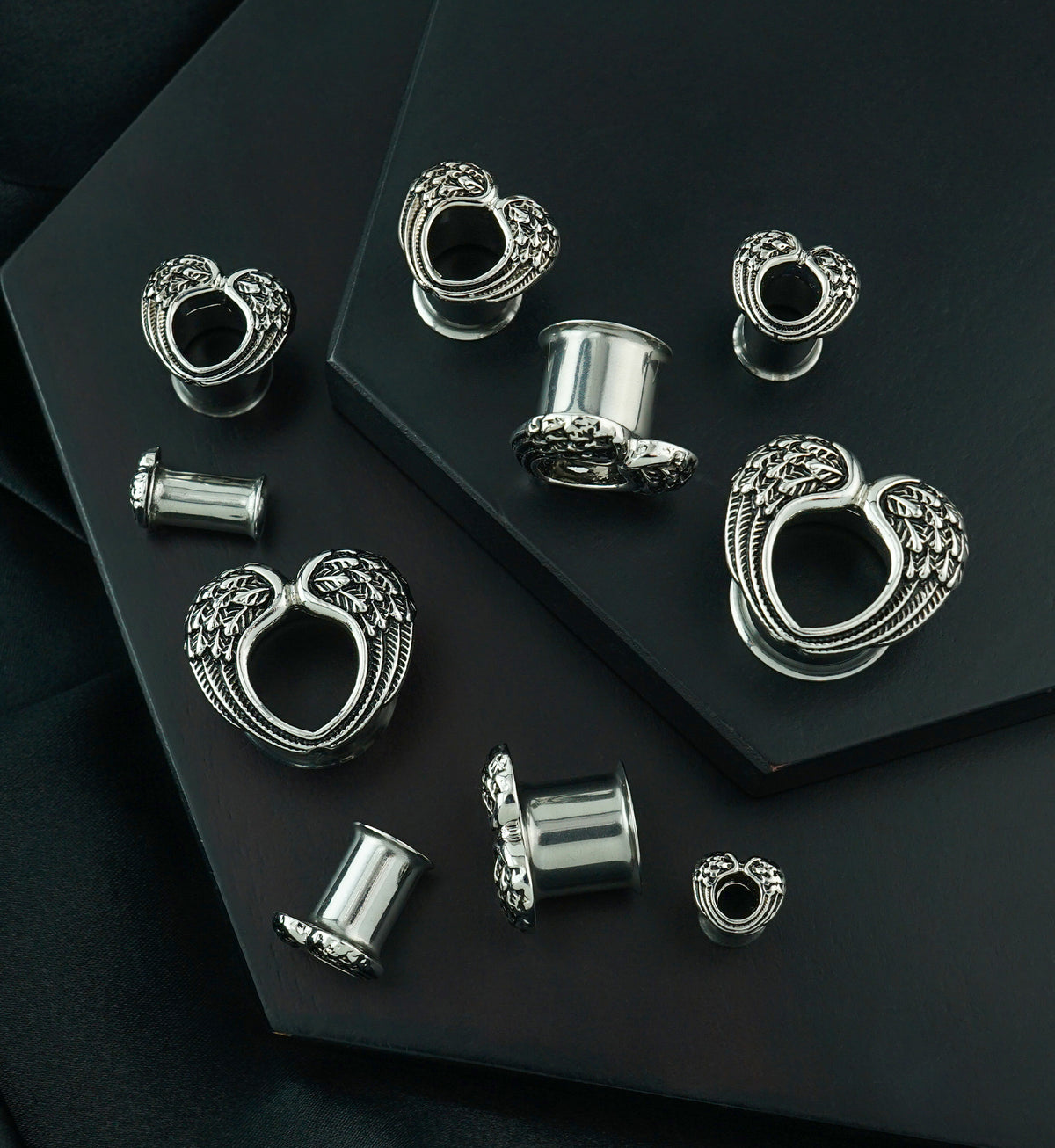 Angel Wing Heart Stainless Steel Double Flare Tunnels