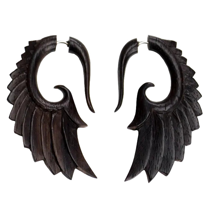 Angel Wing Spiral Fake Gauge Sono Wood Earrings