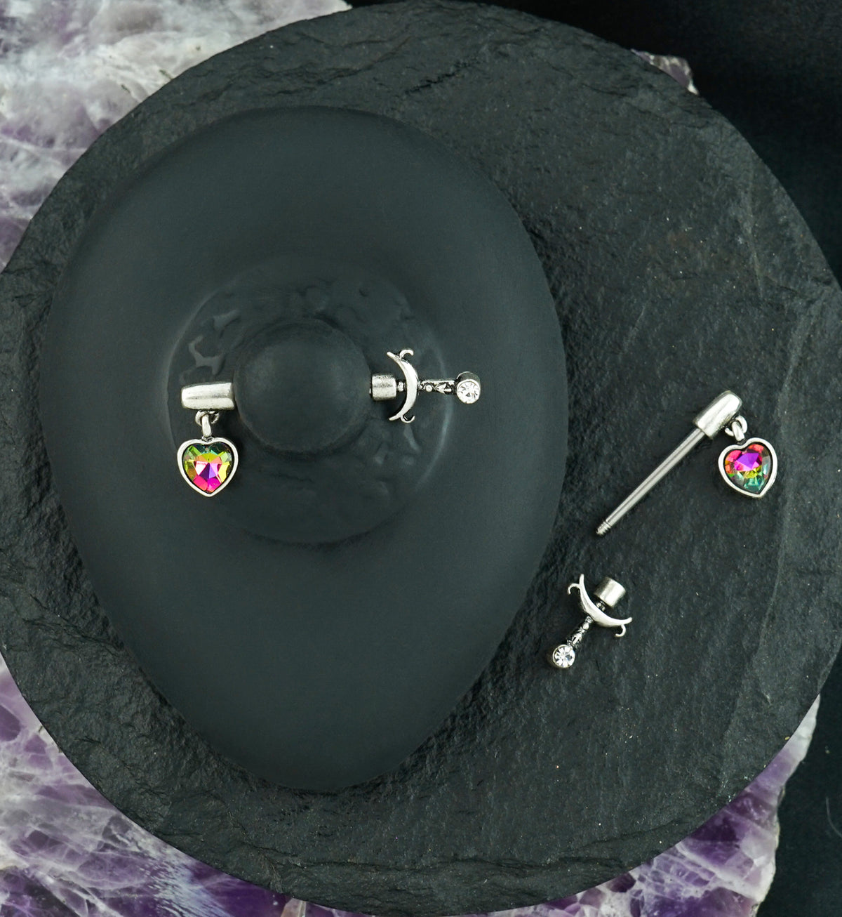 Arrow Dangle Black Aurora CZ Heart Stainless Steel Nipple Barbell