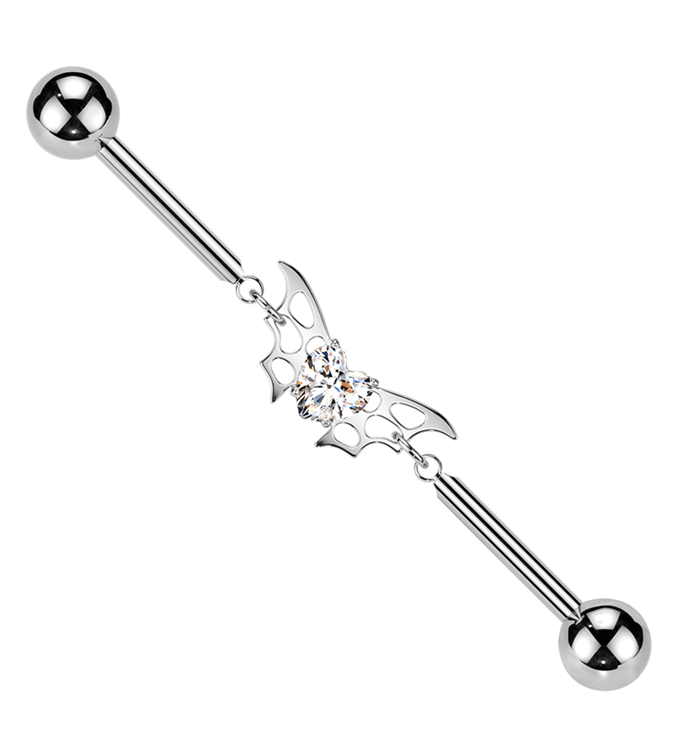 Bat Wing Heart Clear CZ Internally Threaded Titanium Industrial Barbell