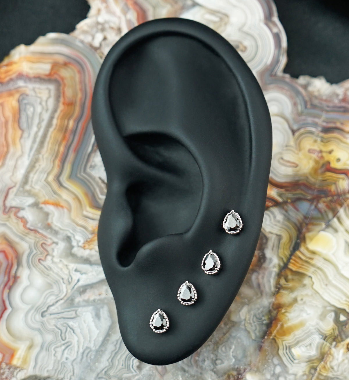 Beaded Bezel Black CZ Teardrop Titanium Threadless Top