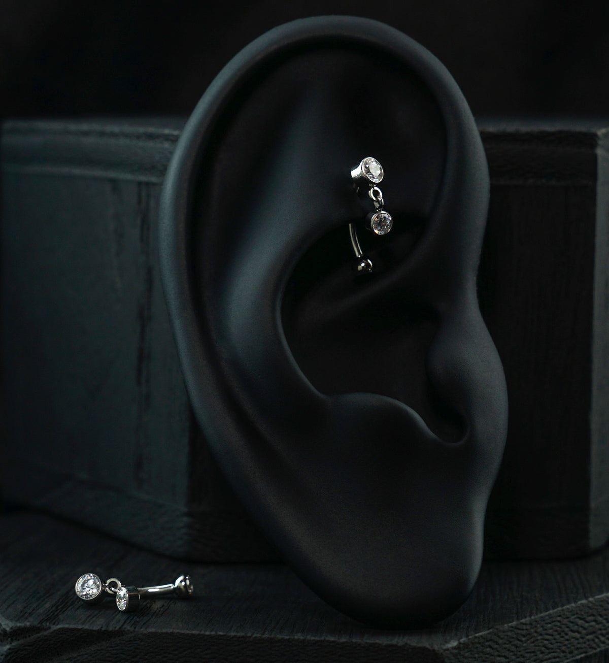 Bezel Clear CZ Dangle Titanium Internally Threaded Floating Curved Barbell