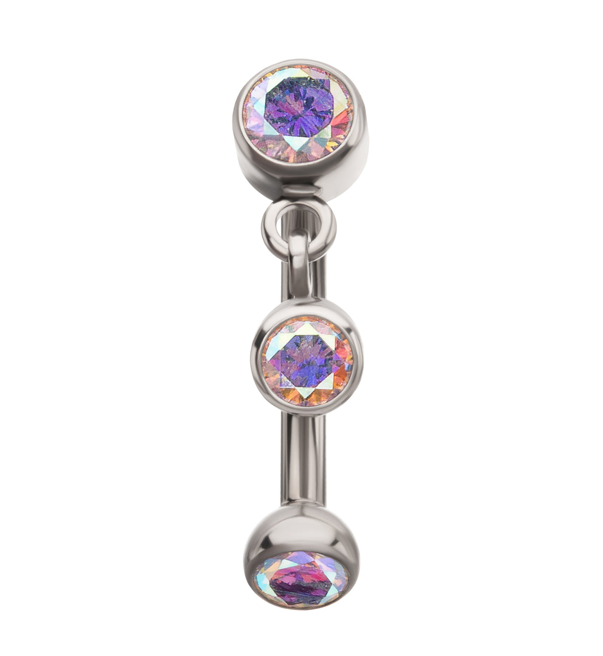 Bezel Floating Rainbow Aurora CZ Dangle Titanium Internally Threaded Curved Barbell