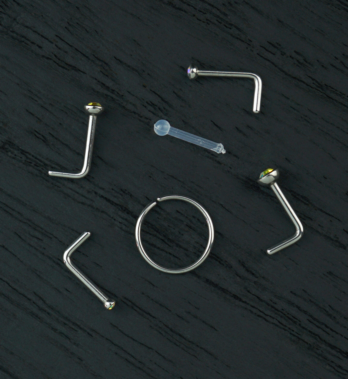 Bezel Rainbow Aurora CZ Stainless Steel L Bend/Stud/Hoop Variety Pack (6 Pack)