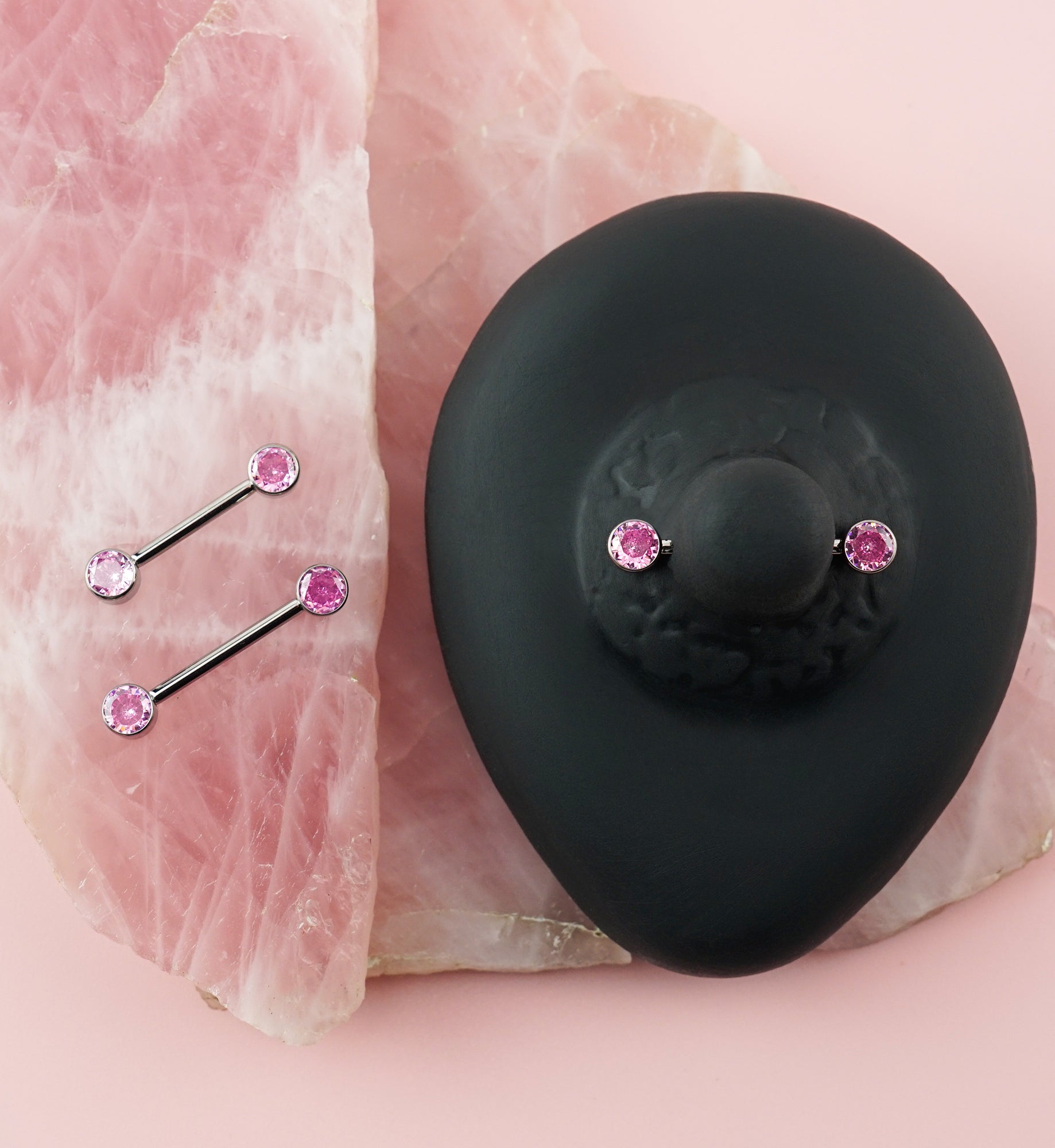 Bezel Set Pink CZ Titanium Internally Threaded Nipple Barbells