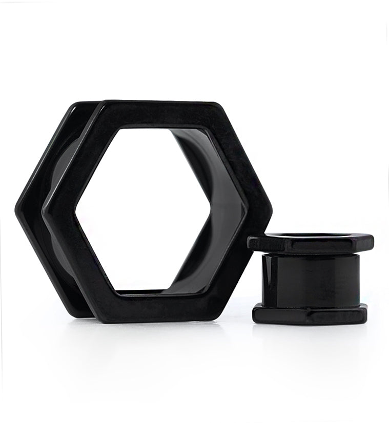 Black PVD Hexagon Stainless Steel Screw Back Tunnel Plugs