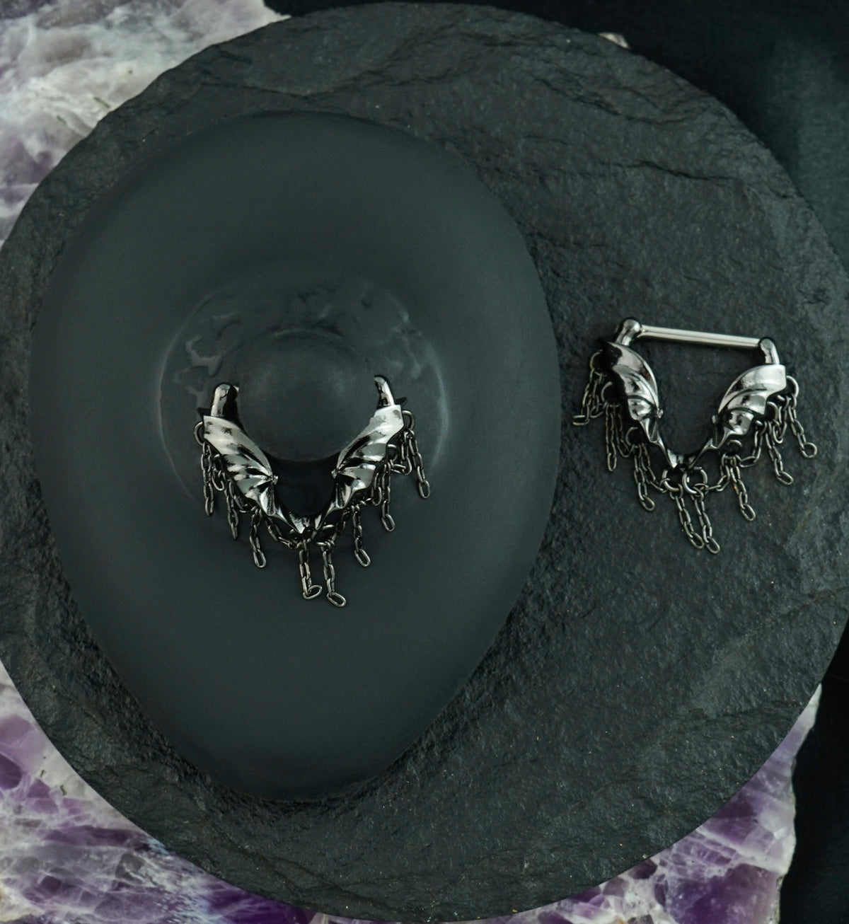 Black PVD Bat Wing Chains Nipple Clicker
