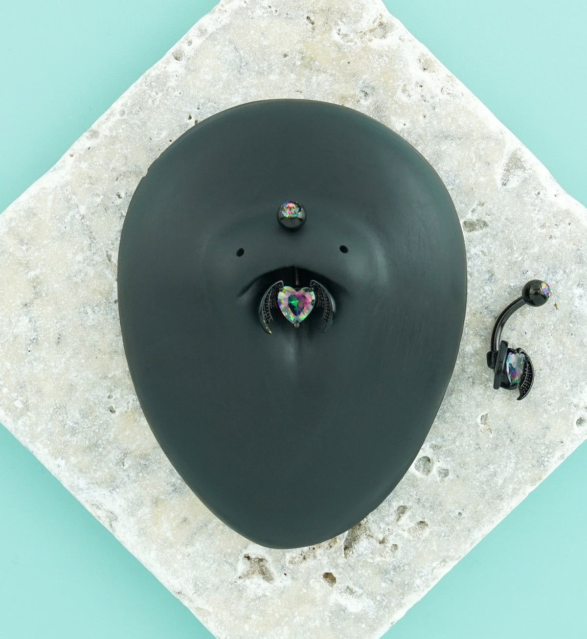 Black PVD Bat Wing Heart Black Aurora CZ Stainless Steel Externally Threaded Belly Button Ring
