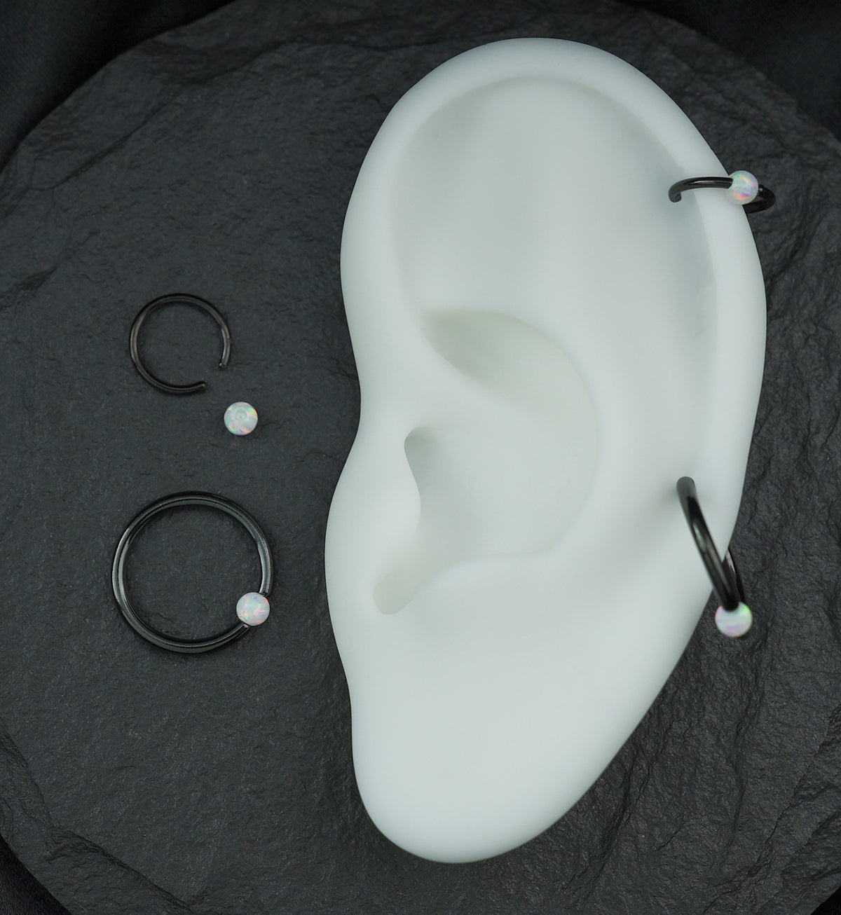 Black PVD Captive Ring With White Opalite Bead