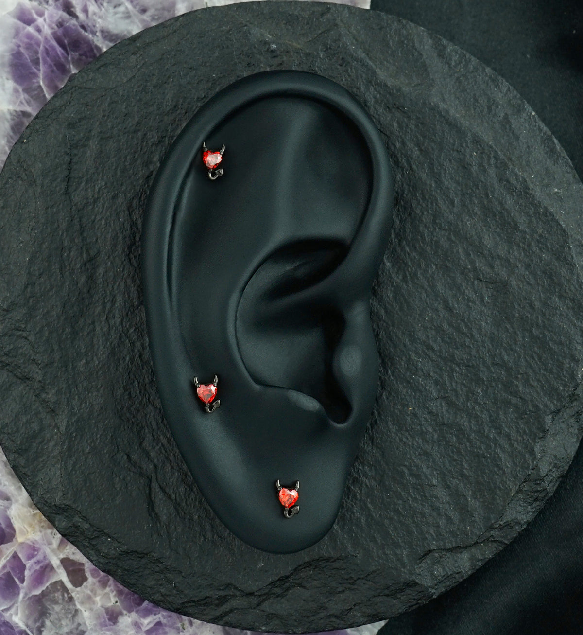 Black PVD Fiend Heart Red CZ Titanium Threadless Top