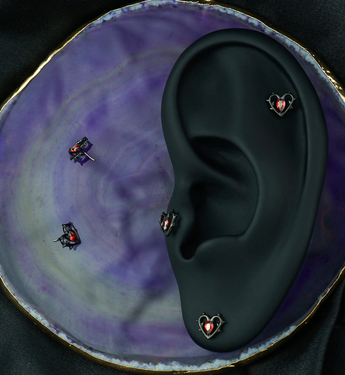 Black PVD Heart Of Thorns Red CZ Titanium Threadless Top