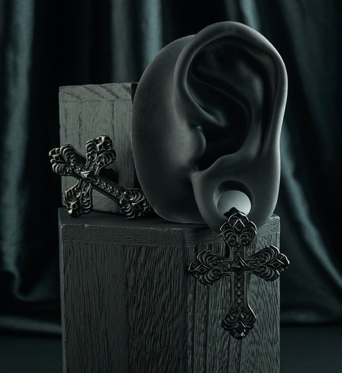Black PVD Ornate Cross Stainless Steel Ear Weights