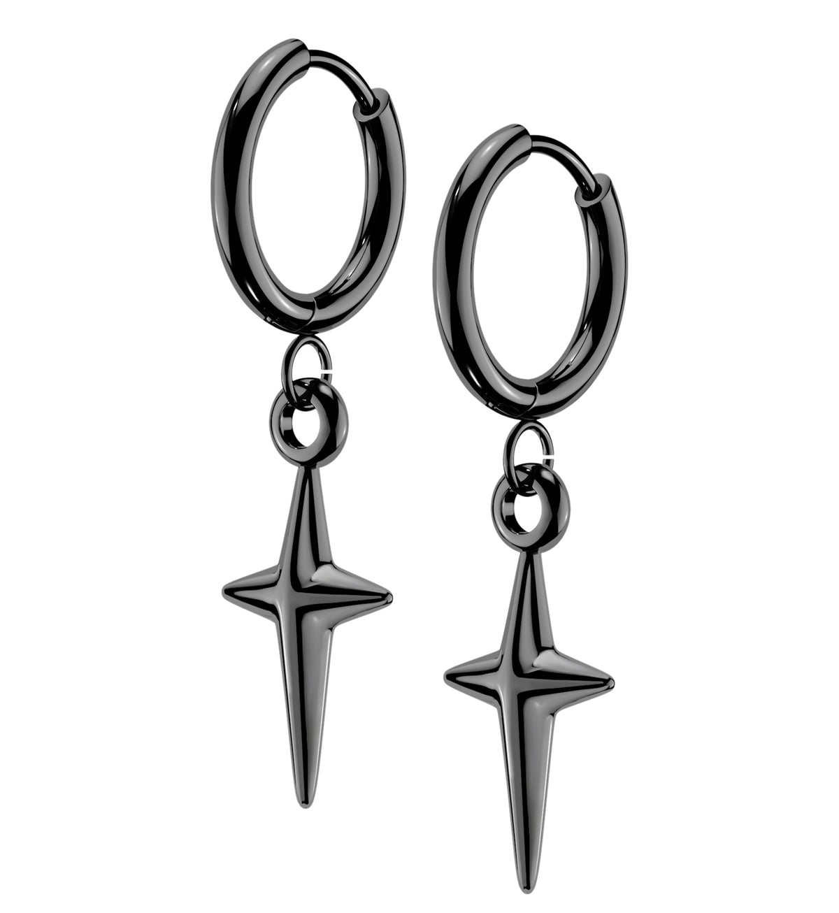 Black PVD Solid Four Point Star Stainless Steel Hinged Earrings