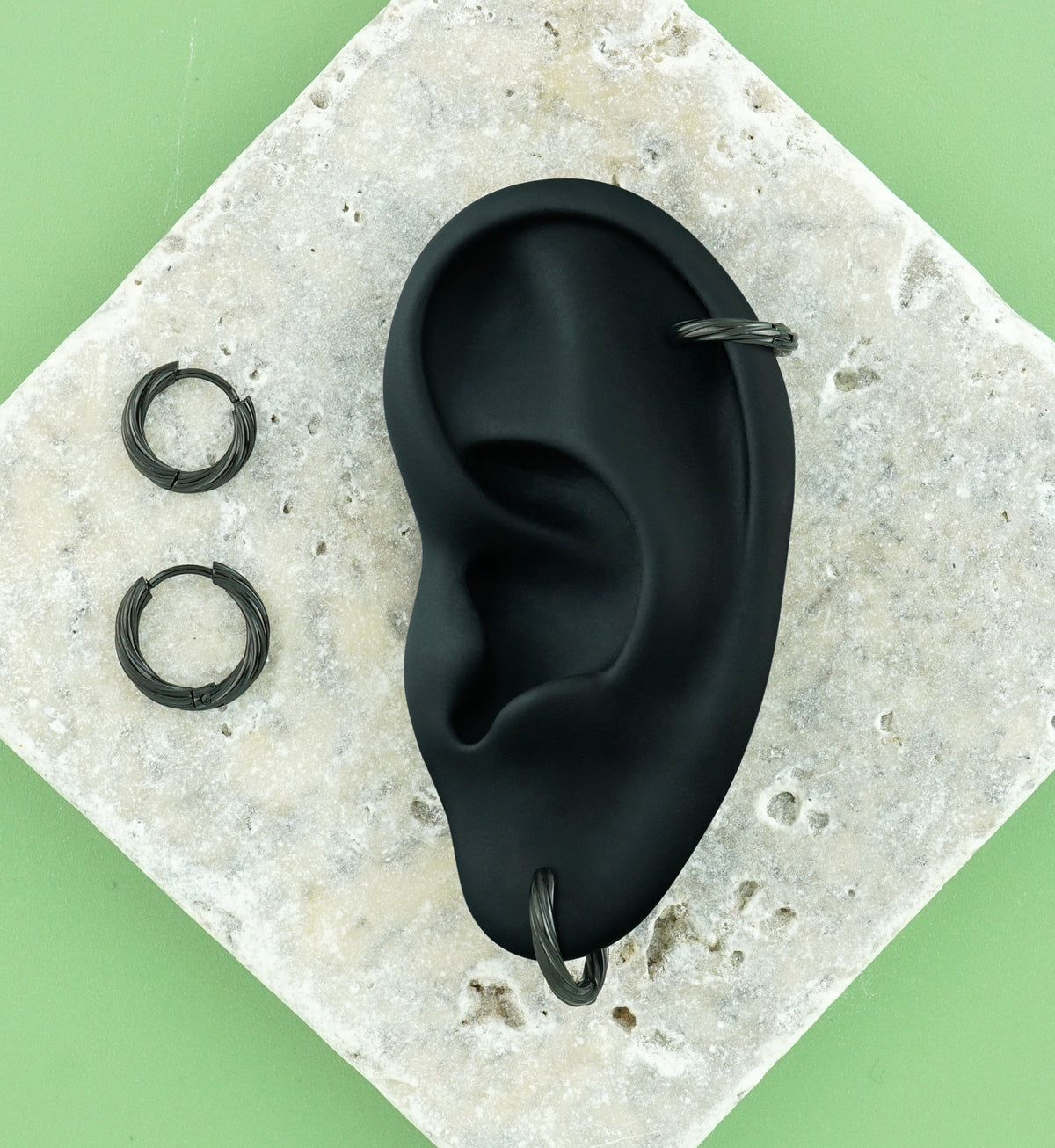 Black PVD Winding Stainless Steel Hinged Hoop Huggie Earrings