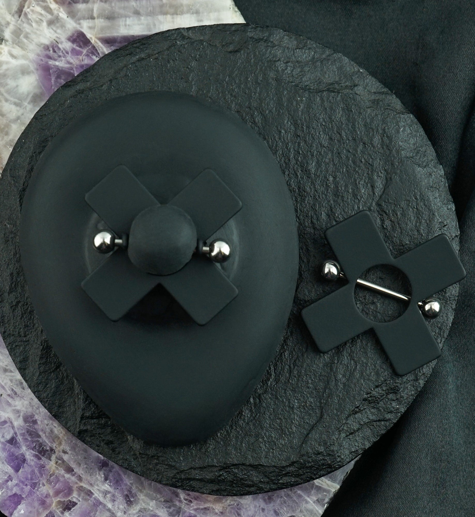 Black X Nipple Ring Barbell Shield