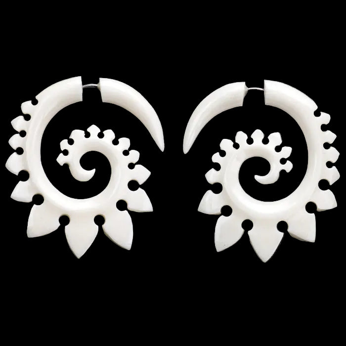 Tribal Spade Spirals Fake Gauges Bone Earrings