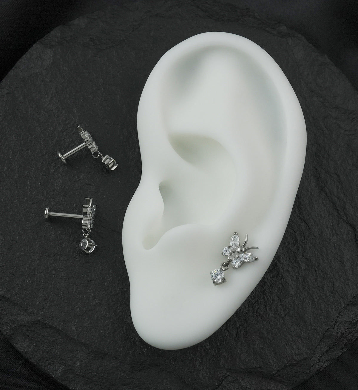Butterfly Clear CZ Dangle Internally Threaded Titanium Labret