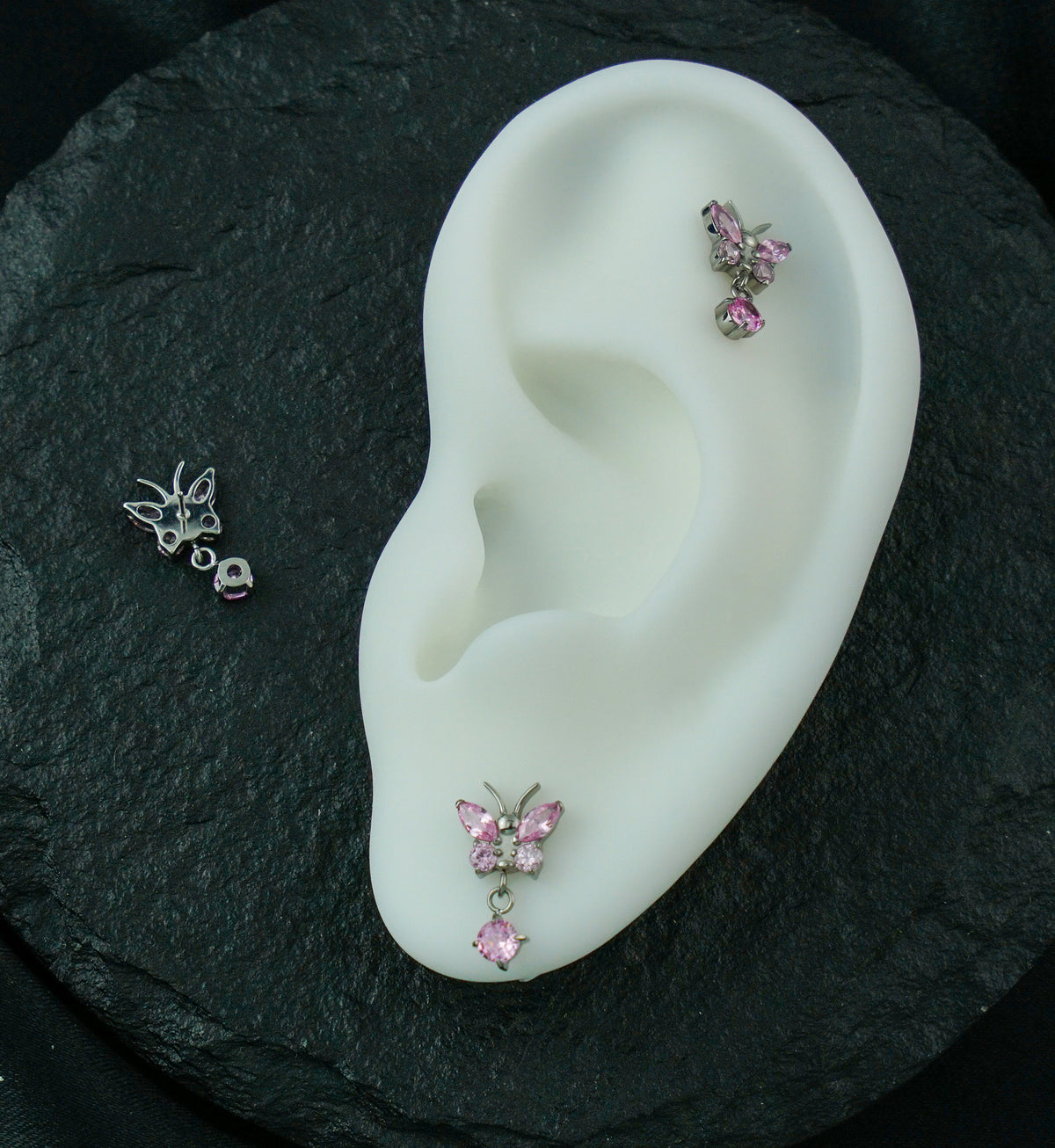 Butterfly Pink CZ Dangle Titanium Threadless Top